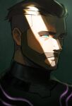  1boy beard black_bodysuit bodysuit brown_eyes brown_hair closed_mouth crack_of_light facial_hair green_eyes heterochromia highres male_focus pokemon pokemon_(game) pokemon_sv saida_(ohda_ooda) shadow short_hair solo turo_(pokemon) undercut upper_body 