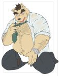  2023 anthro blush bodily_fluids bottomwear bulge canid canine canis clothed clothing domestic_dog inuryu kemono male mammal necktie open_clothing open_shirt open_topwear overweight overweight_male pants shirt solo sweat topwear underwear 