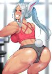  1girl absurdres animal_ears ass back bare_shoulders blurry blurry_background blush boku_no_hero_academia breasts buruma cameltoe dark-skinned_female dark_skin exercise from_behind grey_buruma grin hair_over_shoulder harurukan highres large_breasts long_eyelashes long_hair looking_at_viewer looking_back median_furrow mirko parted_bangs ponytail rabbit_ears rabbit_girl rabbit_tail red_eyes red_sports_bra smile solo sports_bra squatting steaming_body sweat sweaty_clothes tail tail_through_clothes teeth thick_thighs thighs toned white_hair 