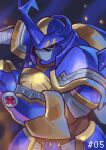  1boy absurdres armor blitzmon cwdw digimon digimon_(creature) gauntlets helmet highres horns looking_at_viewer male_focus numbered pauldrons shoulder_armor solo watermark 