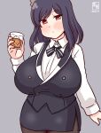  1girl aoyama_blue_mountain aoyama_blue_mountain_(cosplay) artist_logo bartender black_hair black_pantyhose black_skirt blush breasts collared_shirt cosplay cowboy_shot cup dated drinking_glass grey_background hair_ornament kanon_(kurogane_knights) kantai_collection large_breasts looking_at_viewer medium_hair one-hour_drawing_challenge pantyhose pencil_skirt red_eyes shirt short_hair skirt solo vest waitress white_shirt yamashiro_(kancolle) 