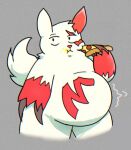  2022 ambiguous_gender anthro belly belly_overhang big_belly biped burping claw_fingers claws digital_media_(artwork) eating fast_food floofymeister food food_in_mouth fur generation_3_pokemon grey_background hi_res holding_food holding_object holding_pizza markings morbidly_obese morbidly_obese_ambiguous nintendo obese obese_ambiguous overweight overweight_ambiguous overweight_anthro pizza pokemon pokemon_(species) red_body red_fur red_markings rumbling_stomach sequence simple_background solo standing text thick_thighs weight_gain white_body white_fur zangoose 