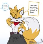  anthro belt blue_eyes blush canid canine clothing dialogue digital_media_(artwork) embarrassed fangs fluffy fluffy_ears fluffy_tail fox fur gloves handwear male mammal miles_prower multicolored_body multicolored_fur one_eye_closed scar sega snowyblue1 solo solo_focus sonic_the_hedgehog_(series) standing tail teeth two_tone_body two_tone_fur watermark white_body white_fur yellow_body yellow_fur 