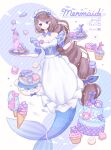  1girl apron ari_(oonmnmooo) blue_background blush_stickers bow bracelet braid brown_hair cake collarbone commentary cookie cup cupcake detached_collar doughnut dress drinking_glass earrings english_text fish food food_art full_body hair_bow highres holding holding_tray ice_cream ice_cream_cone jewelry lace_trim layer_cake long_hair macaron maid maid_headdress mermaid milkshake monster_girl off-shoulder_dress off_shoulder original pearl_bracelet pearl_earrings popsicle puffer_fish puffy_short_sleeves puffy_sleeves purple_bow purple_dress purple_eyes seashell shell short_sleeves single_braid smile soft_serve solo star_(symbol) starfish striped striped_background swept_bangs symbol-only_commentary tray very_long_hair waist_apron white_apron white_background 