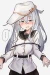  ... 1girl anus black_sailor_collar black_skirt blue_eyes blue_ribbon blush grey_hair hair_between_eyes hammer_and_sickle hat hibiki_(kancolle) highres kantai_collection kuuru_(kuuru-n) long_hair long_sleeves open_mouth pleated_skirt ribbon sailor_collar sailor_shirt shirt simple_background skirt solo spoken_ellipsis upper_body verniy_(kancolle) white_background white_headwear white_shirt 