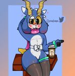  absurd_res anthro arm_tuft beverage blue_body blue_fur blush bovid bovine bow_ribbon bubble caprine chair clothing coffee cute_fangs drunk drunk_bubble ear_blush ear_tuft elbow_tuft farbi fingers floppy_ears fur furniture gesture goat head_tuft hi_res hooved_fingers hooves horn humanoid legband legwear looking_at_viewer male mammal on_chair pink_scarf pointing scarf simple_background sitting sitting_on_chair solo substance_intoxication text thick_thighs thigh_highs thighband tuft volt_goat white_body white_fur wide_hips wolt wristband yellow_horn yellow_sclera 