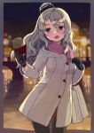  1girl black_pantyhose buttons coat cowboy_shot grey_coat grey_eyes grey_hair hair_between_eyes kantai_collection long_hair long_sleeves mitsuyo_(mituyo324) official_alternate_costume open_mouth pantyhose pink_scarf pola_(kancolle) scarf solo 