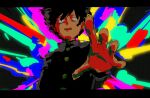  1boy black_jacket blank_eyes buttons collared_jacket explosion floating_hair foreshortening gakuran highres jacket kageyama_shigeo mob_psycho_100 multicolored_background no_pupils open_mouth outstretched_hand reaching reaching_towards_viewer school_uniform senzo6700 sketch solo spiked_hair telekinesis 
