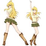  :d ;o arm_behind_back arm_up bare_legs blonde_hair blush boots commentary_request facing_viewer from_behind full_body green_eyes green_skirt hand_on_hip high_heel_boots high_heels highres hoshii_miki idolmaster idolmaster_million_live! idolmaster_million_live!_theater_days index_finger_raised knee_boots layered_skirt leg_up legs_apart long_hair looking_at_viewer looking_back miniskirt one_eye_closed pointing pointing_at_viewer pointing_up short_sleeves simple_background skirt smile very_long_hair white_background yoc-kun 