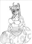  2023 absurd_res anthro apron apron_only breasts chochi cleavage clothed clothing cooking felid female food fur graphite_(artwork) greyscale hair hi_res leopard long_hair looking_at_viewer mammal monochrome pantherine pencil_(artwork) serving_tray smile solo spots spotted_body spotted_fur thick_thighs traditional_media_(artwork) wide_hips 