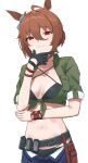  1girl :3 absurdres agnes_tachyon_(lunatic_lab)_(umamusume) agnes_tachyon_(umamusume) ahoge asobi_nin belt bikini black_bikini breasts brown_belt brown_hair cleavage closed_mouth cowboy_shot criss-cross_halter denim denim_shorts ear_ornament gloves green_jacket hair_between_eyes halterneck hand_on_own_chin highres horse_girl jacket looking_at_viewer medium_breasts medium_hair navel official_alternate_costume open_fly red_eyes shorts simple_background single_glove sleeves_rolled_up smile solo swimsuit tied_jacket umamusume white_background wristband 