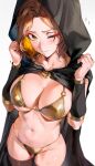  1girl absurdres bikini blush breasts brown_eyes brown_hair brown_thighhighs cloak closed_mouth elden_ring gold_bikini groin hands_up highres hood hood_up hooded_cloak large_breasts looking_at_viewer melina_(elden_ring) navel odyssey_21 one_eye_closed solo stomach swimsuit thighhighs 