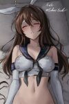  1girl ashigara_(kancolle) bare_shoulders blush breasts brown_hair cleavage closed_eyes cosplay crop_top eckert&amp;eich elbow_gloves fake_horns gloves hair_between_eyes hairband highres horned_headwear horns kantai_collection long_hair lying medium_breasts midriff on_back panties panties_removed parted_lips pillow sailor_collar shimakaze_(kancolle) shimakaze_(kancolle)_(cosplay) sleeveless solo twitter_username underwear upper_body white_gloves white_hairband 