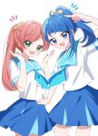  2girls :d blue_eyes blue_hair blue_skirt bow commentary_request eyelashes green_eyes hair_bow hair_ornament happy highres hirogaru_sky!_precure long_hair looking_at_viewer medium_hair multiple_girls nananaya7370 nijigaoka_mashiro open_mouth pink_hair ponytail precure school_uniform shirt simple_background skirt smile sora_harewataru standing white_background white_shirt 