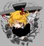  1girl black_skirt black_vest blonde_hair blush bone chamaruk collared_shirt cross from_above grey_background hair_ribbon highres long_sleeves open_mouth outstretched_arms red_eyes red_ribbon ribbon rumia shirt short_hair simple_background skirt skull smile solo spread_arms touhou vest white_shirt 