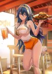  1girl alternate_breast_size bare_arms bare_legs bare_shoulders beer_mug blue_eyes blue_hair blush breasts burger closed_mouth collarbone cup employee_uniform fire_emblem fire_emblem_awakening food french_fries fried_chicken hair_between_eyes highres holding holding_tray hooters indoors large_breasts long_hair looking_at_viewer lucina_(fire_emblem) mug no_legwear orange_shorts short_shorts shorts sidelocks smile solo spykeee standing standing_on_one_leg tank_top tiara tray twitter_username uniform waitress watermark white_tank_top 