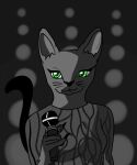  2021 anthro chicken_police clothed clothing domestic_cat dress felid feline felis female fur green_eyes greyscale half-length_portrait hi_res holding_microphone holding_object looking_at_viewer mammal microphone monochrome mouth_closed natasha_catzenko portrait raised_tail smile smiling_at_viewer solo tail toristeele whiskers 