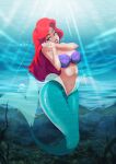  1girl air_bubble ariel_(disney) blue_eyes bubble grin highres long_hair looking_at_viewer mermaid midriff monster_girl navel own_hands_clasped own_hands_together red_hair shell shell_bikini smile solo teeth the_little_mermaid tovio_rogers underwater 