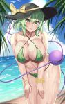  1girl absurdres beach bikini black_headwear blush bow breasts eyeball green_eyes green_hair hands_on_own_thighs hat hat_ribbon heart heart_of_string highres hossy komeiji_koishi large_breasts leaning_forward looking_at_viewer ribbon short_hair solo swimsuit third_eye touhou water water_drop yellow_bikini yellow_bow 