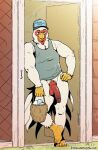  2023 anthro artdecade avian balls baseball_cap basket biceps big_penis bird bottomless chicken clothed clothing container door doorway egg farmer feathers feet flaccid foreskin galliform gallus_(genus) genitals grin hand_on_hip hat headgear headwear hi_res holding_basket holding_container holding_object humor in_doorway leaning leaning_on_arm looking_at_viewer male manly muscular on_one_leg penis phasianid pubes shirt smile solo standing tank_top tank_top_only topwear triceps vein veiny_penis white_clothing white_shirt white_tank_top white_topwear 
