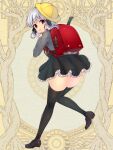  1girl ass backpack bag bag_charm black_footwear black_skirt black_thighhighs charm_(object) dairoku_ryouhei full_body gome_(tw6) grey_hair grey_sweater long_sleeves looking_at_viewer looking_back medium_hair rabbit_charm randoseru red_eyes skirt solo standing sweater thighhighs tongue tongue_out yellow_headwear 