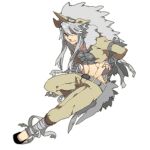  1boy alternate_color bandaged_arm bandaged_hand bandaged_neck bandages belt brown_jacket brown_pants chest_sarashi closed_mouth grey_belt grey_eyes grey_hair hair_between_eyes horns jacket katagiri_hachigou leg_up long_hair male_focus navel pants personification pokemon rapidash sarashi shiny_pokemon simple_background single_horn smile white_background 