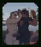  2023 alcohol anthro balls beer beverage black_body black_fur brown_body brown_fur canid canine canis chubby_male detailed_background domestic_dog duo erection fur genitals hi_res holding_object humanoid_genitalia humanoid_penis male male/male mammal nextel nude penis reed_(bearra) seibrxan_(fursona) slightly_chubby 