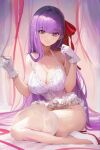  1girl absurdres bare_shoulders bb_(fate) bb_(fate/extra) breasts cleavage closed_mouth collarbone fate/extra fate/extra_ccc fate_(series) gloves hair_ribbon high_heels highres koko_sasuwo large_breasts long_hair looking_at_viewer nightgown panties purple_eyes purple_hair red_ribbon revision ribbon sitting smile solo thighhighs underwear very_long_hair wariza white_gloves white_nightgown white_panties white_thighhighs 