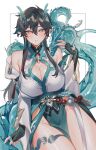  1girl absurdres black_gloves black_hair blue_hair blush breasts cleavage crow_3434 dan_heng_(honkai:_star_rail) dan_heng_(imbibitor_lunae)_(honkai:_star_rail) dragon dragon_girl dragon_horns dragon_tail earrings fingerless_gloves genderswap genderswap_(mtf) gloves hair_between_eyes highres honkai:_star_rail honkai_(series) horns jewelry large_breasts long_hair looking_at_viewer multicolored_hair parted_lips pelvic_curtain pointy_ears simple_background solo tail thigh_strap wide_sleeves 