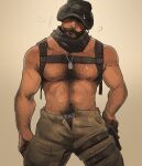  1boy arm_hair artist_name bara beard black_male_underwear black_scarf blush brown_pants call_of_duty call_of_duty:_modern_warfare_2 captain_price chest_hair chris_sdd facial_hair hat highres jewelry large_pectorals male_focus male_underwear male_underwear_peek mature_male muscular muscular_male navel navel_hair necklace nipples open_pants pants pectorals scarf simple_background solo topless_male underwear 