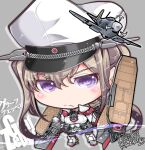  1girl aircraft airplane black_gloves black_pantyhose black_skirt blonde_hair capelet character_name chibi flight_deck gloves graf_zeppelin_(kancolle) hair_between_eyes hat highres kantai_collection kuroneko_(kuroneko_works) long_hair military_hat military_uniform miniskirt pantyhose peaked_cap pleated_skirt purple_eyes rigging sidelocks skirt solo twintails uniform 