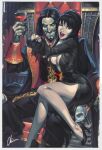  black_hair breasts castlevania chuck_pires cleavage colored_skin crossover dracula_(castlevania) elvira elvira:_mistress_of_the_dark evil_smile facial_hair fangs goatee grey_skin looking_at_viewer mustache pale_skin pointy_ears smile throne vampire 
