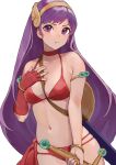 1girl annoyed armlet athena_(series) bikini bracelet breasts closed_mouth commentary hairband hand_on_own_chest highres jewelry long_hair looking_at_viewer medium_breasts navel oni_gini princess_athena purple_eyes purple_hair red_bikini snk solo swimsuit sword symbol-only_commentary weapon white_background 
