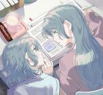  2girls aqua_hair bang_dream! blue_sweater book closed_eyes commentary cup desk green_eyes highres hikawa_hina hikawa_sayo holding holding_pen indoors long_hair long_sleeves looking_at_another mug multiple_girls open_mouth pen purple_sweater short_hair siblings sidelocks sleeping sleeping_on_desk sleeves_past_wrists sweater translation_request twins zihacheol 