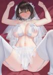  1girl absurdres ahoge alternate_costume areola_slip armpits arms_up azur_lane baltimore_(azur_lane) bare_shoulders bed_sheet blush bra braid breasts bridal_veil brown_hair cleavage closed_mouth collar collarbone commentary crotchless crotchless_panties french_braid garter_belt hair_between_eyes highres large_breasts looking_at_viewer lying marumai navel nipple_slip nipples on_back panties pussy see-through shadow short_hair sidelocks smile solo spread_legs stomach thighhighs underwear veil white_bra white_collar white_panties white_thighhighs yellow_eyes 