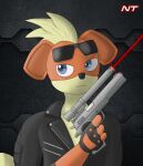  anthro blaze_ignatius blue_eyes canid canine clothing eyewear eyewear_on_head fingerless_gloves fur generation_1_pokemon gloves growlithe gun hair handgun handwear head_tuft hi_res holding_gun holding_object holding_weapon jacket laser_pointer leather leather_clothing leather_jacket leather_topwear looking_away male mammal ninjatreecko nintendo orange_body orange_fur pistol pokemon pokemon_(species) pokemorph ranged_weapon serious_face solo sunglasses sunglasses_on_head tagme tan_body tan_fur terminator_(franchise) topwear tuft weapon 