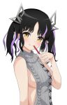  1girl aran_sweater black_hair blush breasts bubble_tea cable_knit closed_mouth commentary_request cup demon_girl demon_horns disposable_cup drinking_straw grey_sweater highres holding holding_cup horns kojo_anna kojo_anna_(3rd_costume) looking_at_viewer medium_bangs medium_breasts medium_hair meme_attire multicolored_hair nanashi_inc. official_alternate_costume pointy_ears purple_hair ribbed_sweater sideboob simple_background sleeveless sleeveless_sweater smile solo split_mouth sweater turtleneck turtleneck_sweater twintails two-tone_hair upper_body virgin_killer_sweater virtual_youtuber white_background yamapiyo yellow_eyes 