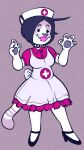  accessory anthro clothed clothing creator_ant domestic_cat felid feline felis female footwear hair headgear headwear hi_res lipstick makeup mammal nurse nurse_clothing nurse_headwear raised_arms shoes short_hair simple_background solo tail 