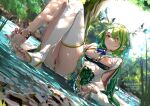  1girl anklet antlers anus barefoot blue_ribbon blush braid braided_bangs breasts censored ceres_fauna ceres_fauna_(1st_costume) day dress feet flower green_hair green_nails hair_flower hair_ornament hololive hololive_english jewelry large_breasts legs long_hair looking_at_viewer mole mole_under_eye mosaic_censoring multicolored_hair nail_polish nipples no_panties no_shoes off-shoulder_dress off_shoulder outdoors pussy ribbon single_thighhigh sitting soles solo stirrup_legwear streaked_hair sydus thighhighs toeless_legwear toenail_polish toenails toes virtual_youtuber water wet white_thighhighs yellow_eyes 
