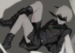  1boy bishounen black_blindfold black_coat blindfold coat full_body hineshika male_focus nier:automata nier_(series) short_hair shorts solo thighs white_hair yorha_no._9_type_s 