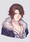  1boy blue_eyes brown_hair expressionless final_fantasy final_fantasy_viii fur-trimmed_jacket fur_trim grey_background highres jacket jewelry male_focus necklace nini_tw99 open_clothes open_jacket scar scar_on_face scar_on_forehead shirt short_hair simple_background solo squall_leonhart v-neck white_shirt 