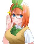  &gt;:) 1girl airo black-framed_eyewear blue_eyes blush bow breasts closed_mouth commentary double-parted_bangs dress_shirt eyebrows_hidden_by_hair eyelashes glasses go-toubun_no_hanayome green_ribbon hair_between_eyes hair_ribbon hand_up highres large_breasts looking_at_viewer medium_hair nakano_yotsuba open_hand orange_hair pink_bow plaid plaid_bow ribbon school_uniform shirt short_sleeves simple_background smile smug solo sparkle straight_hair sweater_vest upper_body v-shaped_eyebrows white_background white_shirt yellow_sweater_vest 