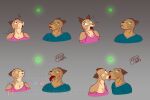  1:1 anthro bodily_fluids chest_tuft clothed clothed_anthro clothing comic drooling drooling_tongue duo emotionless felid female french_kissing glowing glowing_eyes gradient_background green_eyes hi_res kiss_on_lips kissing lion magic male male/female mammal mind_control multiple_images multiple_poses open_mouth pantherine pose ring saliva simple_background thelightsmen tuft 