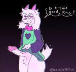  anthro big_penis black_sleeves blackgt bodily_fluids bovid caprine clothing clothing_pull deltarune fur genitals goat hi_res horn huge_penis looking_at_viewer male mammal nervous penis pink_eyes pink_horn ralsei simple_background smile solo sweat tail undertale_(series) white_body white_fur 