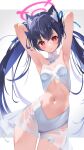  1girl absurdres animal_ear_fluff animal_ears armpits arms_up bare_shoulders black_hair blue_archive blush breasts cat_ears commentary hair_between_eyes halo highres looking_at_viewer mn_(tk-xyz) navel red_eyes serika_(blue_archive) simple_background small_breasts solo twintails white_background 
