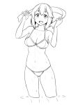  1girl ass_visible_through_thighs bikini breasts cleavage collarbone greyscale hayasui_(kancolle) kantai_collection lineart medium_breasts monochrome navel open_mouth short_hair smile solo standing swimsuit tamu_(mad_works) teeth towel upper_teeth_only wading wet 