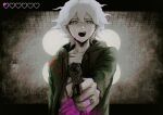  1boy :d blood collarbone danganronpa_(series) danganronpa_2:_goodbye_despair green_jacket grey_hair gun hair_between_eyes heart highres holding holding_gun holding_weapon jacket jewelry komaeda_nagito lian_chou_zi_(rotsmell) long_sleeves looking_at_viewer male_focus open_clothes open_jacket pink_blood pointing_gun ring short_hair smile solo sweat teeth upper_teeth_only weapon 