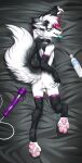  absurd_res alyx_mcconville_(character) animal_genitalia animal_penis anthro anus balls bangs bed_sheet bedding canid canine canine_genitalia canine_penis clothing condom condom_in_mouth dakimakaru fluffy fluffy_tail fox genitals gloves handwear hi_res highlights_(coloring) lace legwear looking_at_viewer looking_back lube_bottle male mammal object_in_mouth pawpads penis raised_tail sex_toy sexual_barrier_device solo stockings tail toy vibrator vloic wand_vibrator 