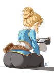  1girl alternate_hairstyle ass automatic_giraffe belt belt_pouch black_gloves black_pants blonde_hair blue_tunic brown_belt commentary english_commentary fingerless_gloves from_behind gloves hair_bun hair_ornament hairclip handheld_game_console highres holding holding_handheld_game_console long_hair nintendo_switch pants playing_games pointy_ears pouch princess_zelda sidelocks single_hair_bun sitting solo the_legend_of_zelda the_legend_of_zelda:_breath_of_the_wild the_legend_of_zelda:_tears_of_the_kingdom updo 