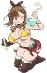 ;q atelier_(series) atelier_ryza atelier_ryza_1 beaker beret bikini bikini_top_only breasts brown_eyes brown_hair flask hair_ornament hair_ribbon hairclip hat highres large_breasts one_eye_closed parted_bangs reisalin_stout ribbon shisoneri short_shorts shorts simple_background sweat swimsuit thick_thighs thighs tongue tongue_out white_background zettai_ryouiki 
